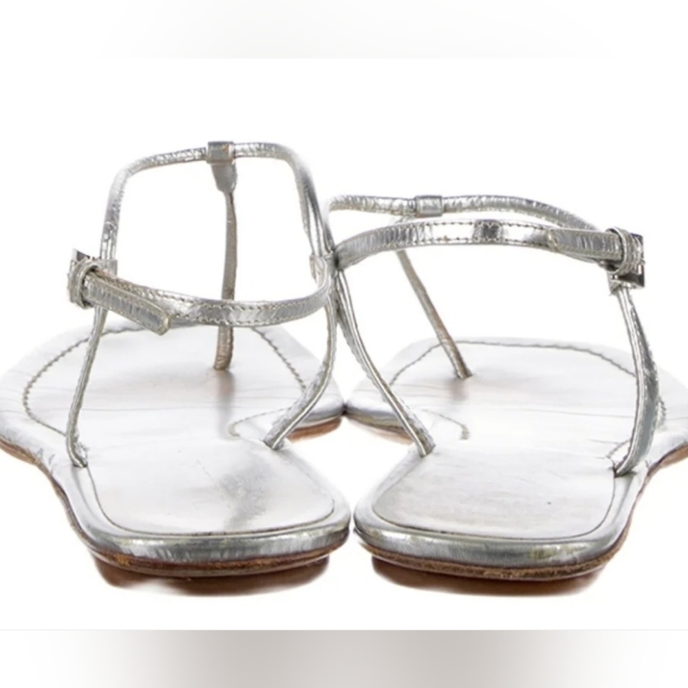 PRADA SILVER LEATHER THONG TSTRAP SLINGBACK Sandals - Picture 6 of 7